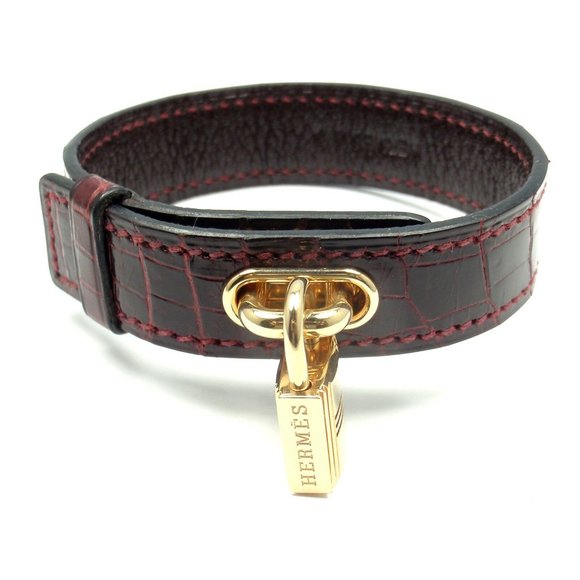 Very Rare! Authentic HERMES 18k Yellow Gold & Crocodile Burgundy Bracelet Box - Picture 2 of 12